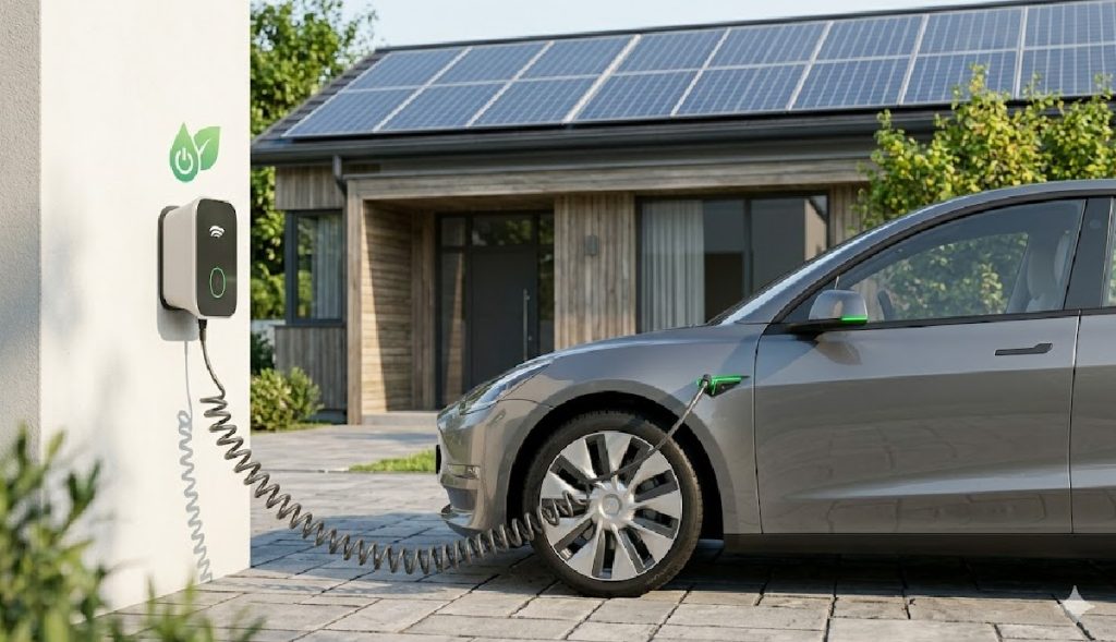 auto elettrica in carica tramitr wallbox domestica alimentata con fotovoltaico