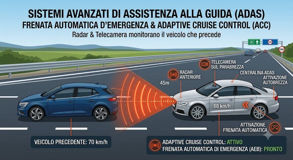 Auto equipaggiate con ADAS di frenata automatica e adaptive cruise control